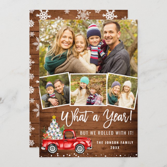 What a Year Christmas Red Farm Truck 4 Photo Holiday Card (Front/Back)