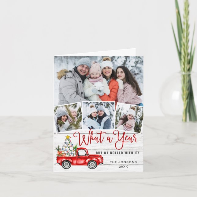 What a Year Christmas Red Farm Truck 4 Photo Holiday Card (Front)