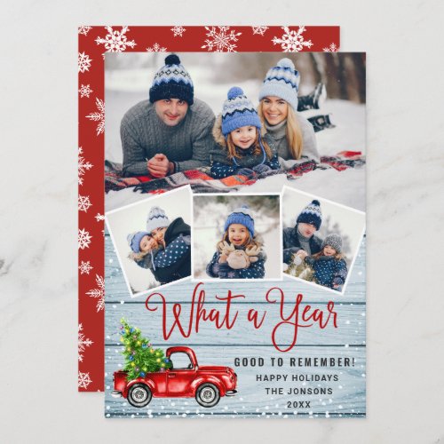 What a Year Christmas Red Farm Truck 4 Photo  Holiday Card