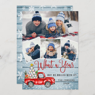 What a Year Christmas Red Farm Truck 4 Photo Holiday Card