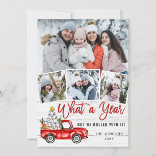 What a Year Christmas Red Farm Truck 4 Photo Holiday Card