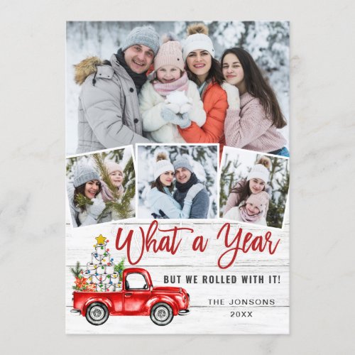 What a Year Christmas Red Farm Truck 4 Photo Holiday Card