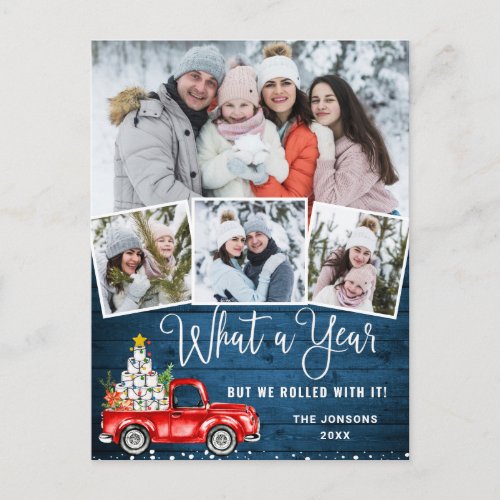 What a Year Christmas Red Farm Truck 4 Photo Postcard