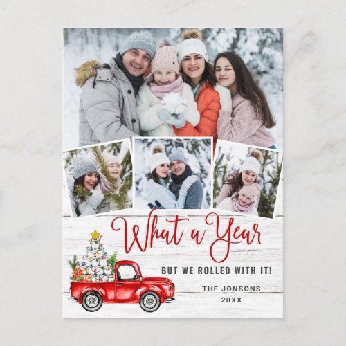 What a Year Christmas Red Farm Truck 4 Photo Postcard