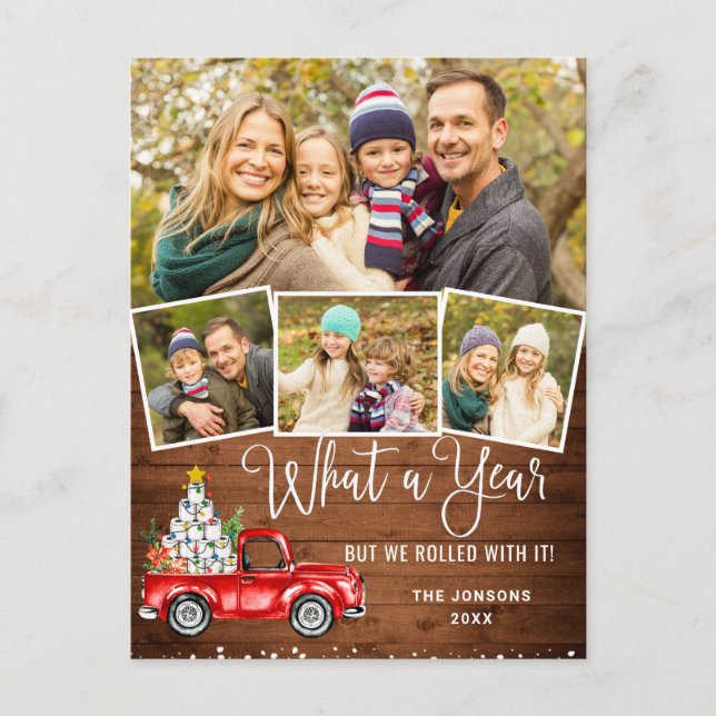 What a Year Christmas Red Farm Truck 4 Photo Postcard (Front)