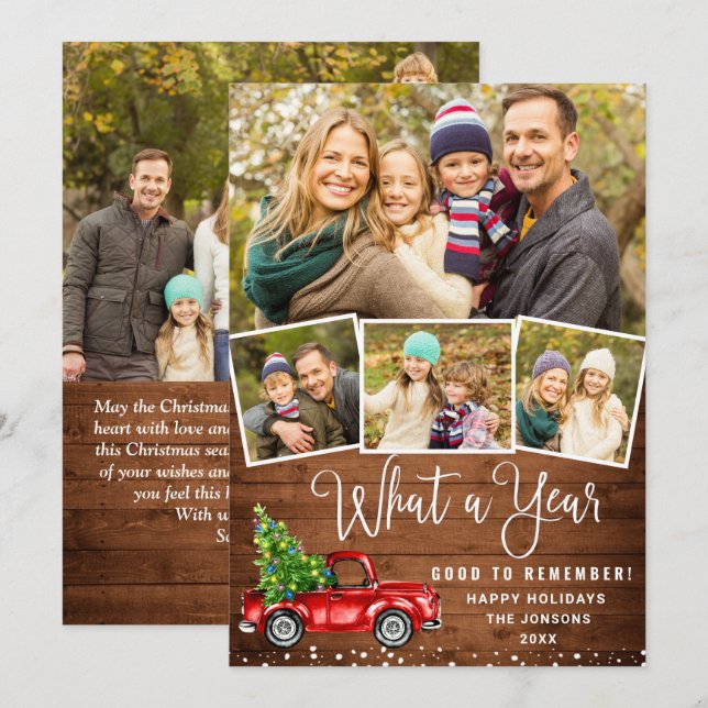What a Year Christmas Red Farm Truck 5 Photo Holiday Card (Front/Back)