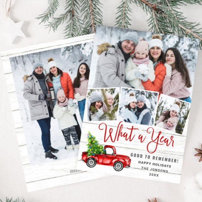 What a Year Christmas Red Farm Truck 5 Photo Holiday Card (Creator Uploaded)