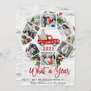 What a Year Christmas Red Farm Truck 6 Photo Holiday Card