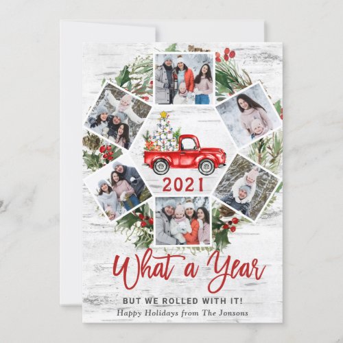 What a Year Christmas Red Farm Truck 6 Photo Holiday Card