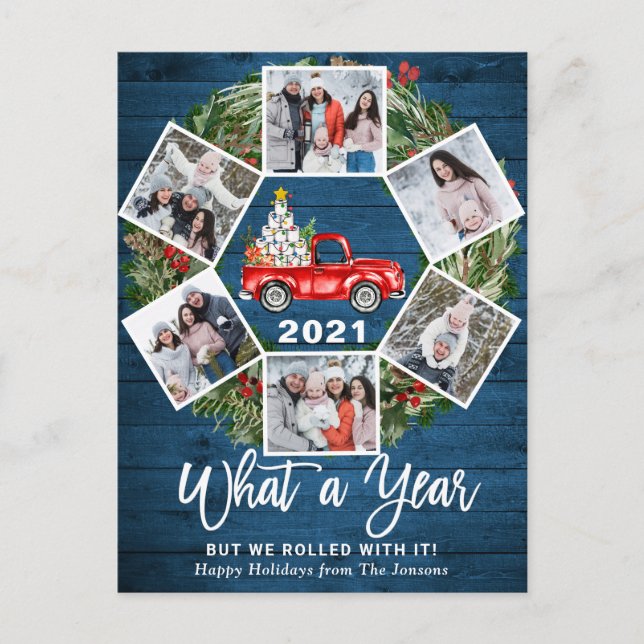 What a Year Christmas Red Farm Truck 6 Photo Holiday Postcard (Front)