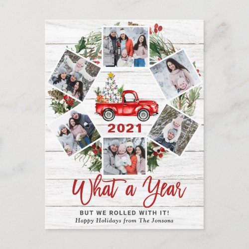 What a Year Christmas Red Farm Truck 6 Photo Postcard