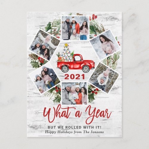 What a Year Christmas Red Farm Truck 6 Photo Postcard