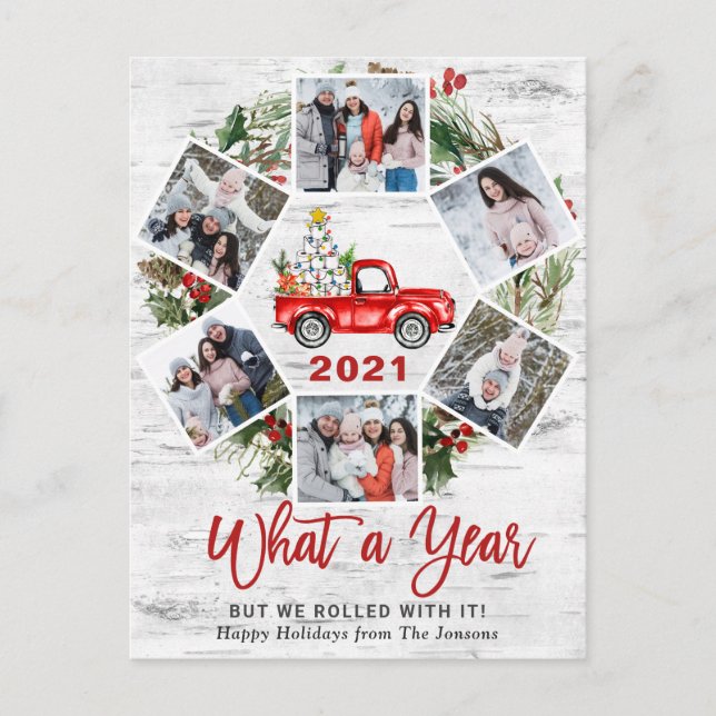 What a Year Christmas Red Farm Truck 6 Photo Postcard (Front)