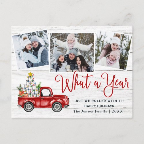 What a Year Christmas Red Farm Truck Photo Postcard