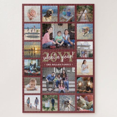 What a Year Family Photo Collage Burgundy Red Gold Jigsaw Puzzle
