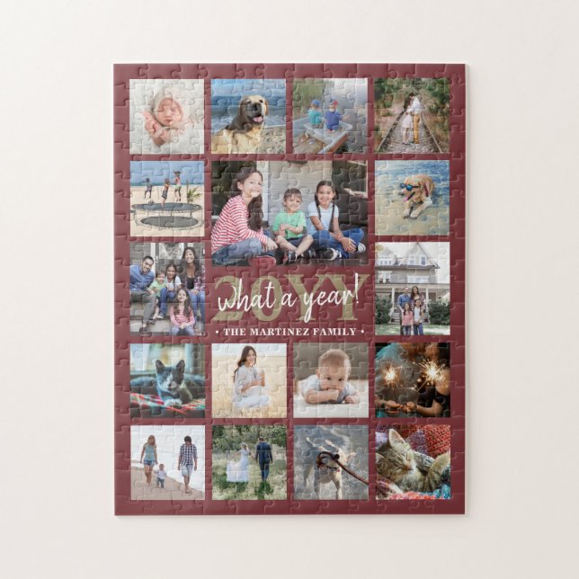 What a Year Family Photo Collage Burgundy Red Gold Jigsaw Puzzle (Vertical)