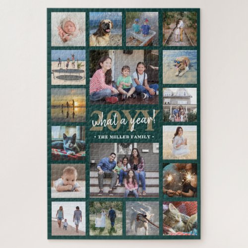 What a Year Family Photo Collage Green  Gold Xmas Jigsaw Puzzle