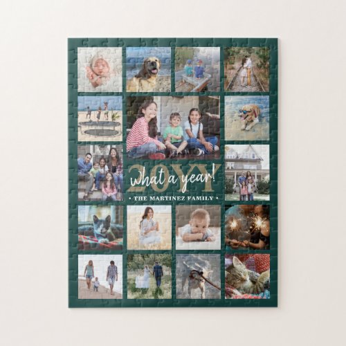 What a Year Family Photo Collage Green  Gold Xmas Jigsaw Puzzle