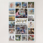 What a Year Family Photo Collage White & Gold Xmas Jigsaw Puzzle<br><div class="desc">What a year to remember! Celebrate the simple joys of family with a unique and fun photo collage Holiday puzzle. If you prefer a background or text in colors other than white, black and gold, see instructions below. Design features elegant handwritten style script calligraphy, modern typography family name and year,...</div>