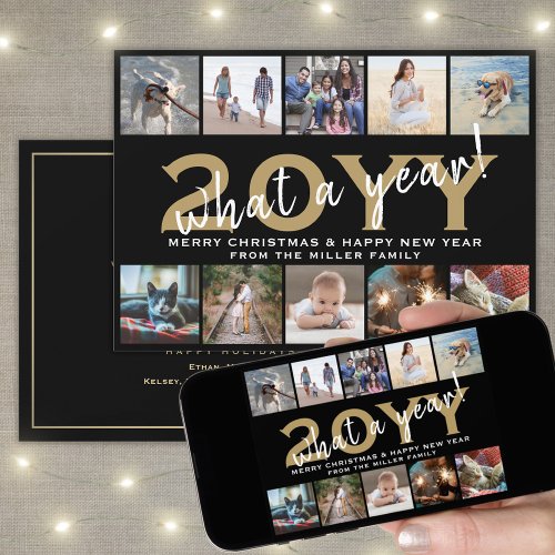 What a Year Modern 10 Photo Collage Black and Gold Holiday Card