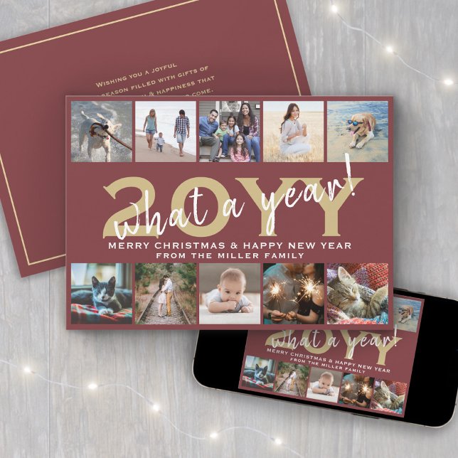 What a Year Modern 10 Photo Collage Burgundy Gold Holiday Card (Creator Uploaded)