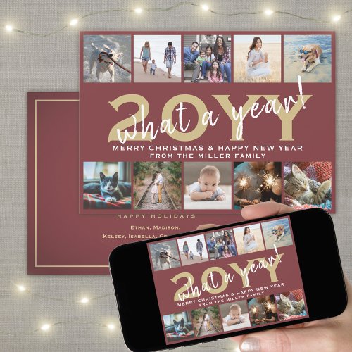 What a Year Modern 10 Photo Collage Burgundy Gold Holiday Card