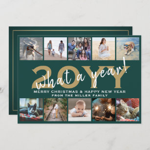 What a Year Modern 10 Photo Collage Green and Gold Holiday Card