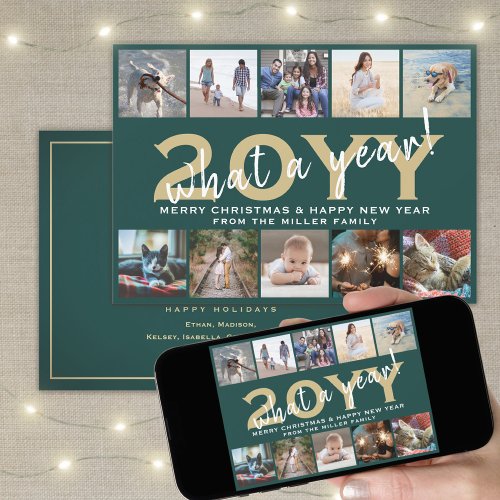 What a Year Modern 10 Photo Collage Green and Gold Holiday Card
