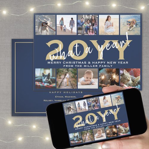 What a Year Modern 10 Photo Collage Navy Blue Gold Holiday Card
