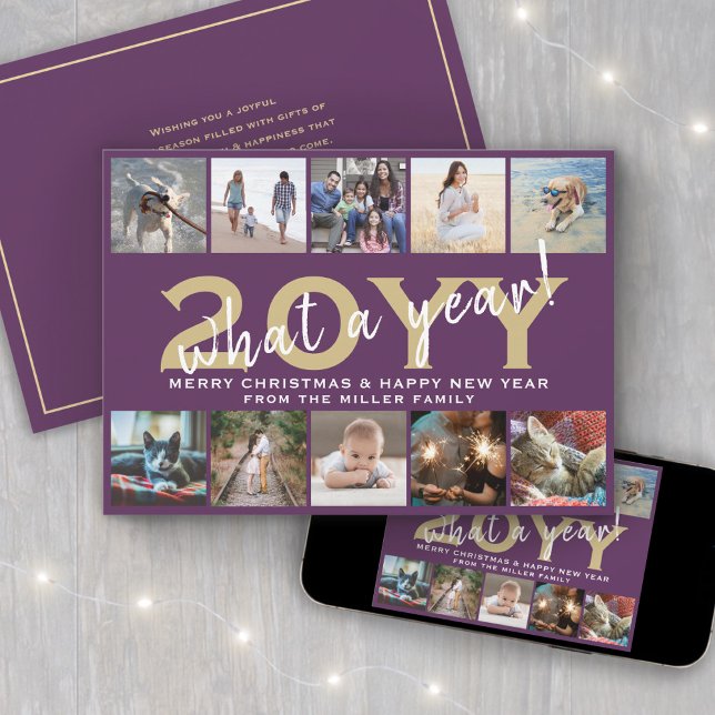 What a Year! Modern 10 Photo Collage Purple & Gold Holiday Card (Creator Uploaded)