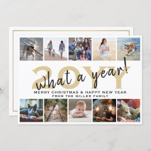 What a Year Modern 10 Photo Collage White and Gold Holiday Card