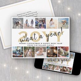 What a Year Modern 10 Photo Collage White and Gold Holiday Card