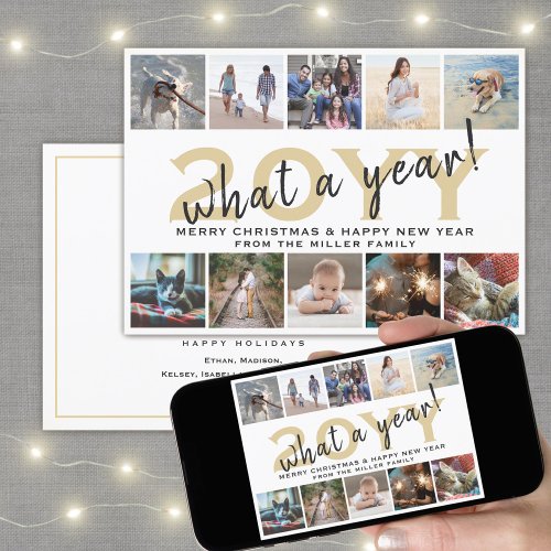 What a Year Modern 10 Photo Collage White and Gold Holiday Card