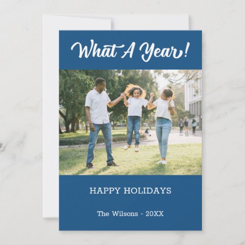 What A Year Modern 2 Photo Blue Holiday Card