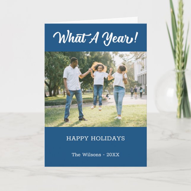 What A Year Modern 2 Photo Blue Holiday Card (Front)