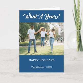 What A Year Modern 2 Photo Blue Holiday Card