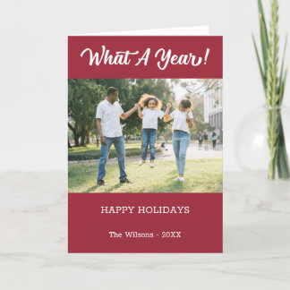 What A Year Modern 2 Photo Burgundy Holiday Card