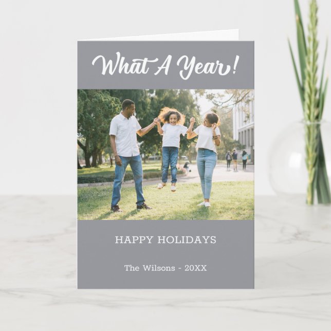 What A Year Modern 2 Photo Gray Holiday Card (Front)