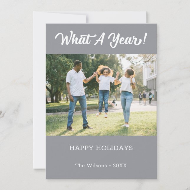 What A Year Modern 2 Photo Gray Holiday Card (Front)