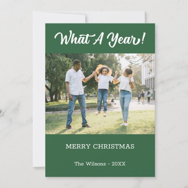 What A Year Modern 2 Photo Green Holiday Card (Front)