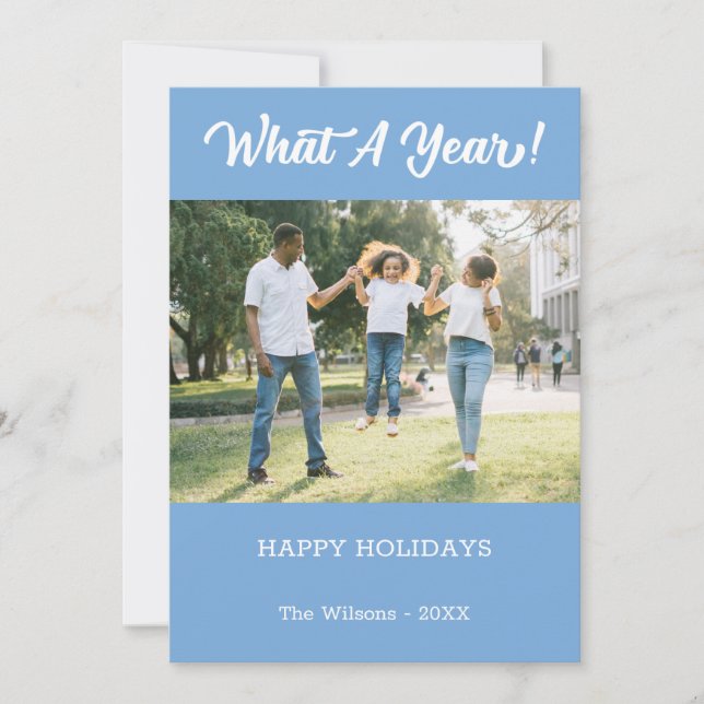 What A Year Modern 2 Photo Light Blue Holiday Card (Front)