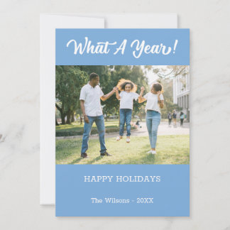 What A Year Modern 2 Photo Light Blue Holiday Card
