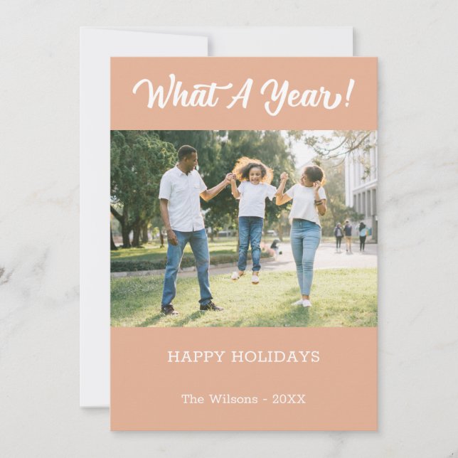 What A Year Modern 2 Photo Peach Holiday Card (Front)