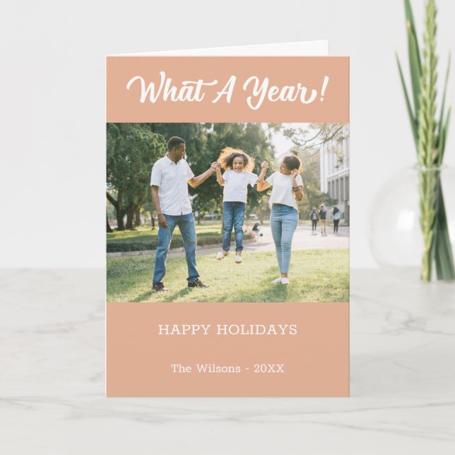 What A Year Modern 2 Photo Peach Holiday Card (Front)