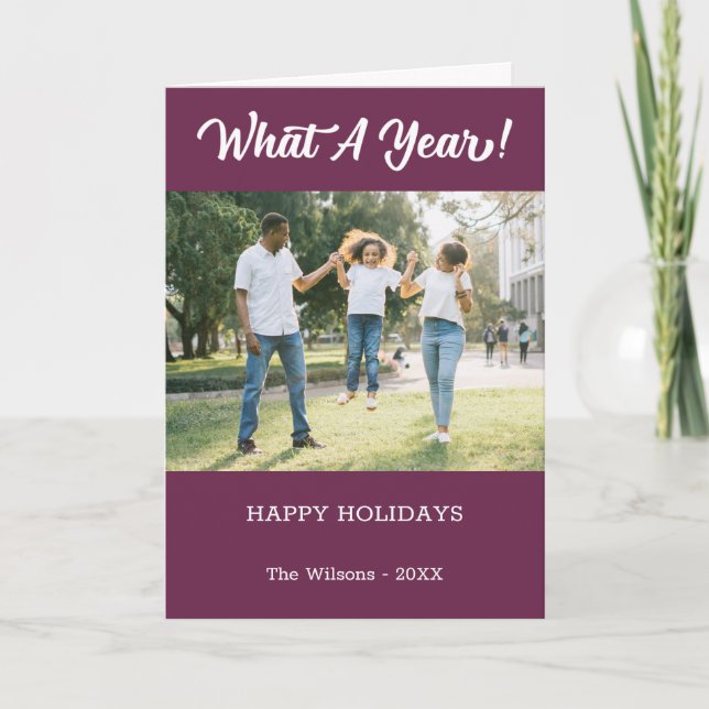 What A Year Modern 2 Photo Purple Holiday Card (Front)
