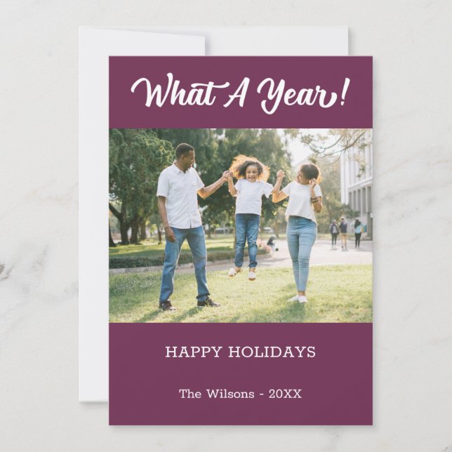 What A Year Modern 2 Photo Purple Holiday Card (Front)