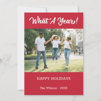 What A Year Modern 2 Photo Red Holiday Card