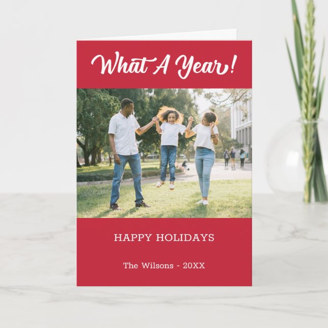 What A Year Modern 2 Photo Red Holiday Card (Front)