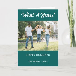 What A Year Modern 2 Photo Teal Holiday Card