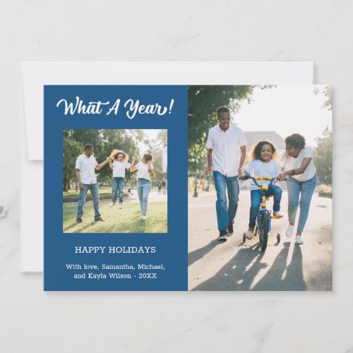 What A Year Modern 3 Photo Blue Holiday Card